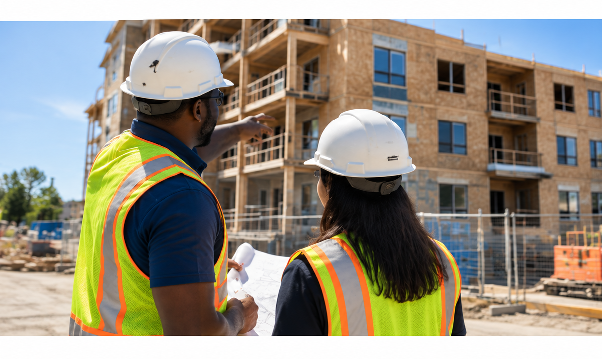 Construction professionals working on a multi-unit residential housing development